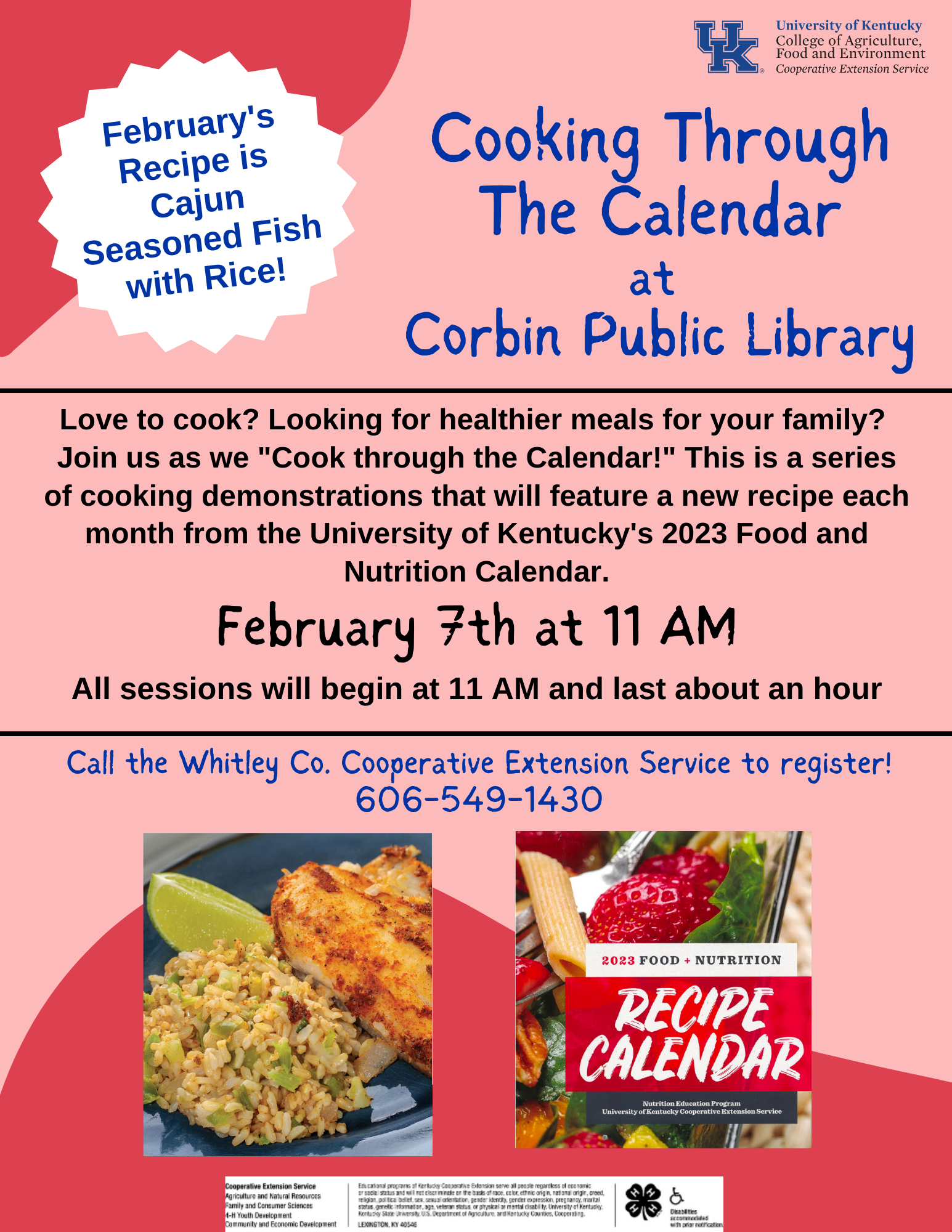 Flyer for February 7th Cooking Through The Calendar Event. Photo of Cajun Seasoned Fish and Rice.