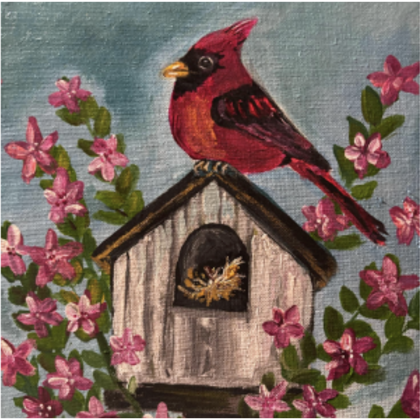 Photo of acrylic painting. Painting is of a cardinal on a birdhouse