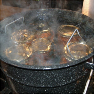 Water bath canner with jars inside, showing process of canning