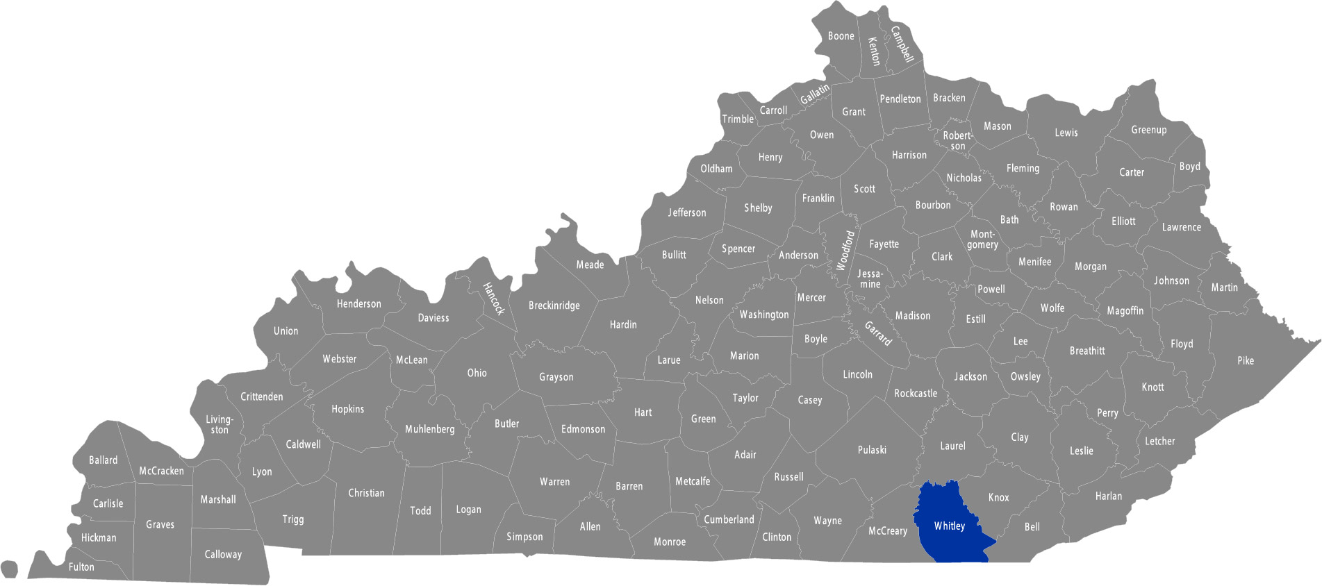State of Kentucky map with Whitley County highlighted 